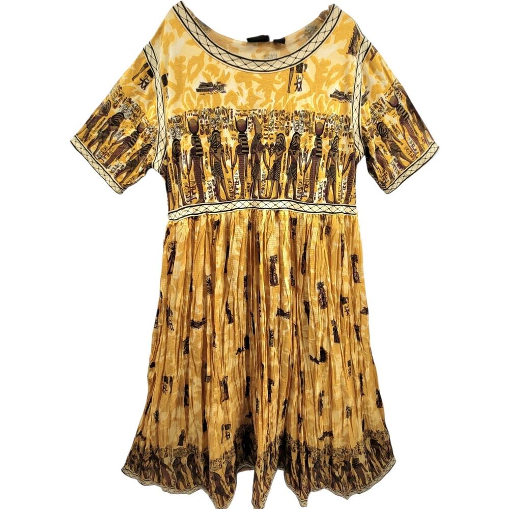ASHRO Egyptian Revival Hieroglyphic Dress Gold Yellow Afrocentric Art To Wear